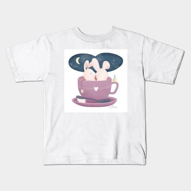 two bunnies in a cup Kids T-Shirt by petraillustrationstudio